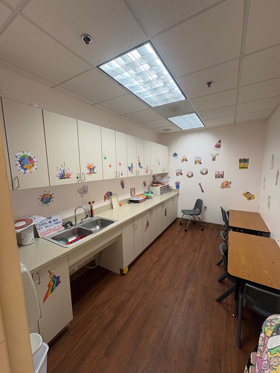 Art room with paint splatters and ART ROOM wall art